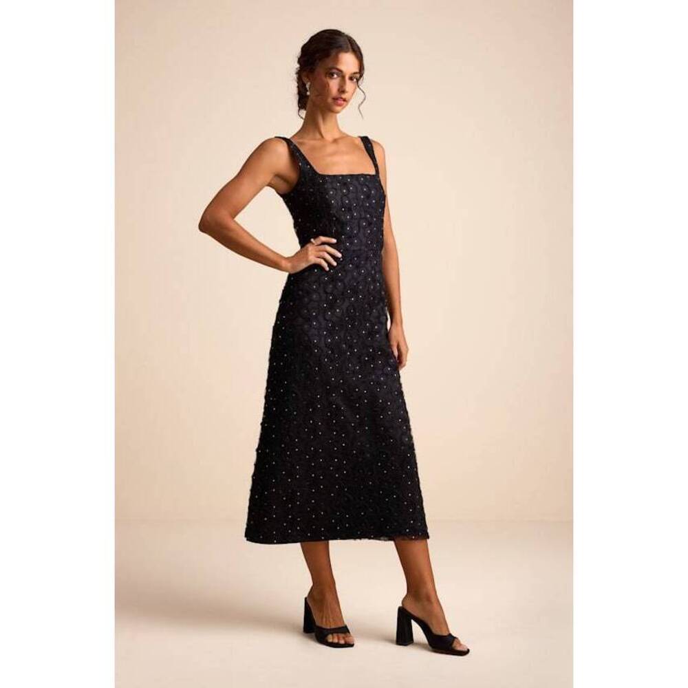 Lulus Sandrina Black Textured Sequin Square Neck Midi Dress - Size XS